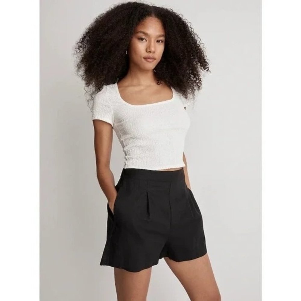 MADEWELL Clean Pull-On Shorts Small Black Coal Linen-Cotton Flat Front NJ683 NWT